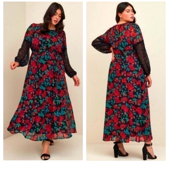 NWT Torrid Maxi Floral Chiffon dress w/ lace sleeves sz 1X - Picture 1 of 7